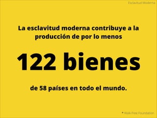 Esclavitud Moderna
21 millones
* Organización Internacional del Trabajo
de víctimas de trabajos forzosos, de las
cuales 11,4 millones son mujeres y niñas y
9,5 millones son hombres y niños.
 