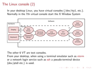 The Linux console (2)
In your desktop Linux, you have virtual consoles (/dev/tty1, etc.).
Normally in the 7th virtual console start the X Window System
UART
driver
Line
discipline
TTY
driver
User
process
User
process
User
process
Software
Terminal
Emulator
Line
discipline
TTY
driver
User
process
User
process
User
process
Kernel
Software
Keyboard
Display
Hardware
VGA
Driver
Keyboard
Driver
The other 6 VT are text consoles.
From your desktop, when using a terminal emulator such as xterm
or a network login service such as ssh a pseudo-terminal device
(dev/pts0 etc.) is used.
 