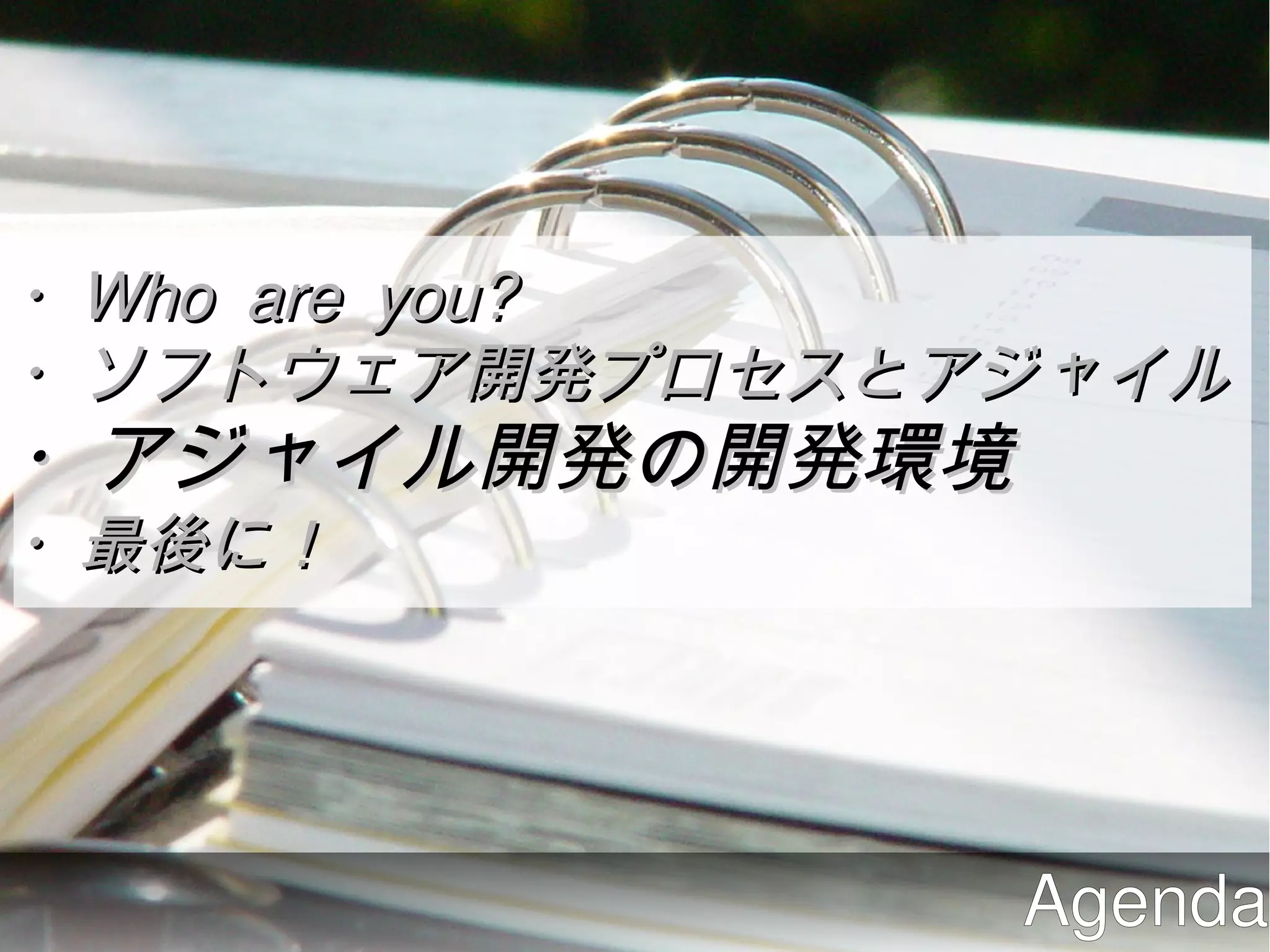 ・Who are you?
・ソフトウェア開発プロセスとアジャイル
・アジャイル開発の開発環境
・最後に！




               Agenda
 