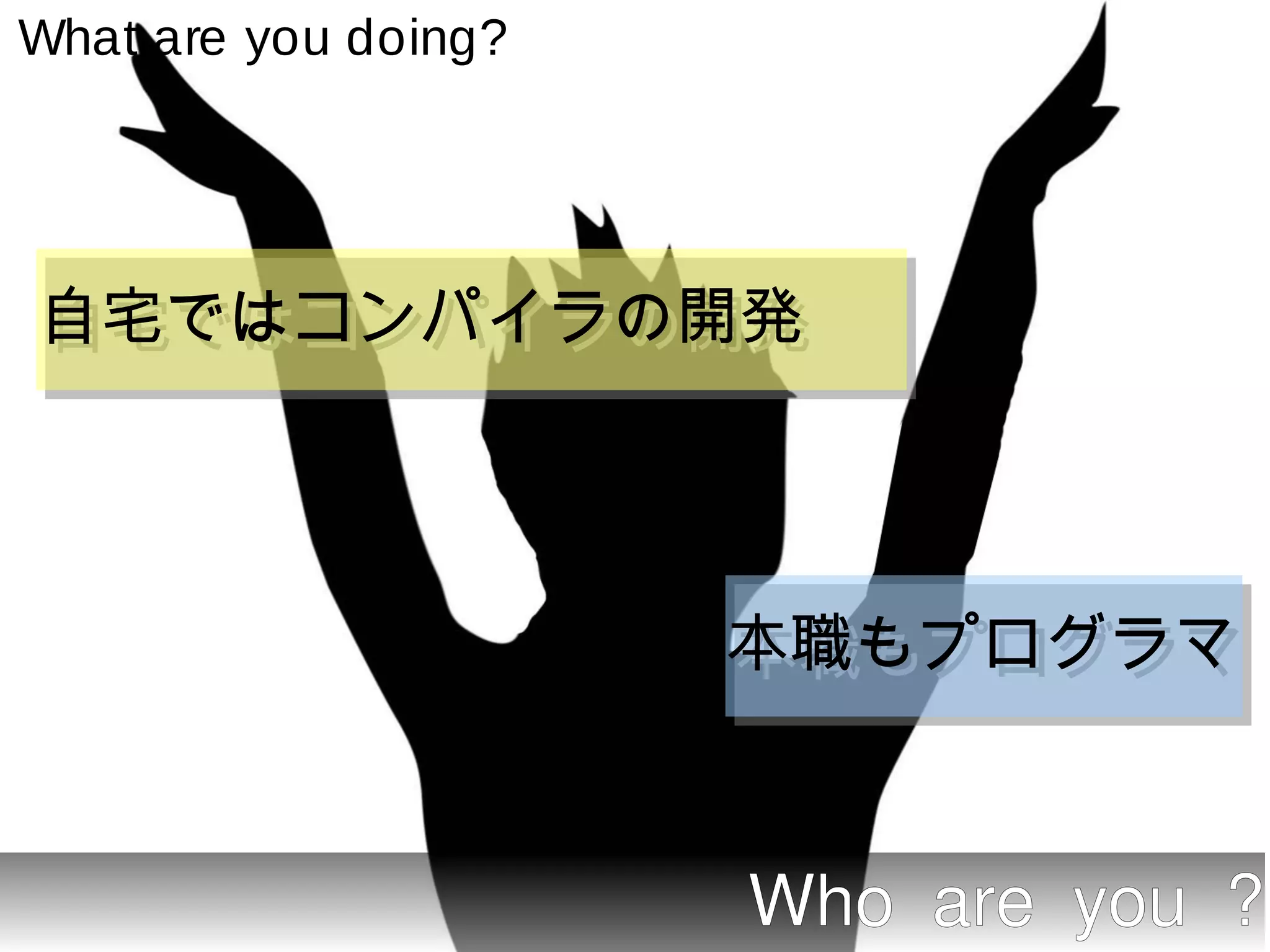 What are you doing?




自宅ではコンパイラの開発
自宅ではコンパイラの開発



                      本職もプログラマ
                      本職もプログラマ


                      Who are you ?
 