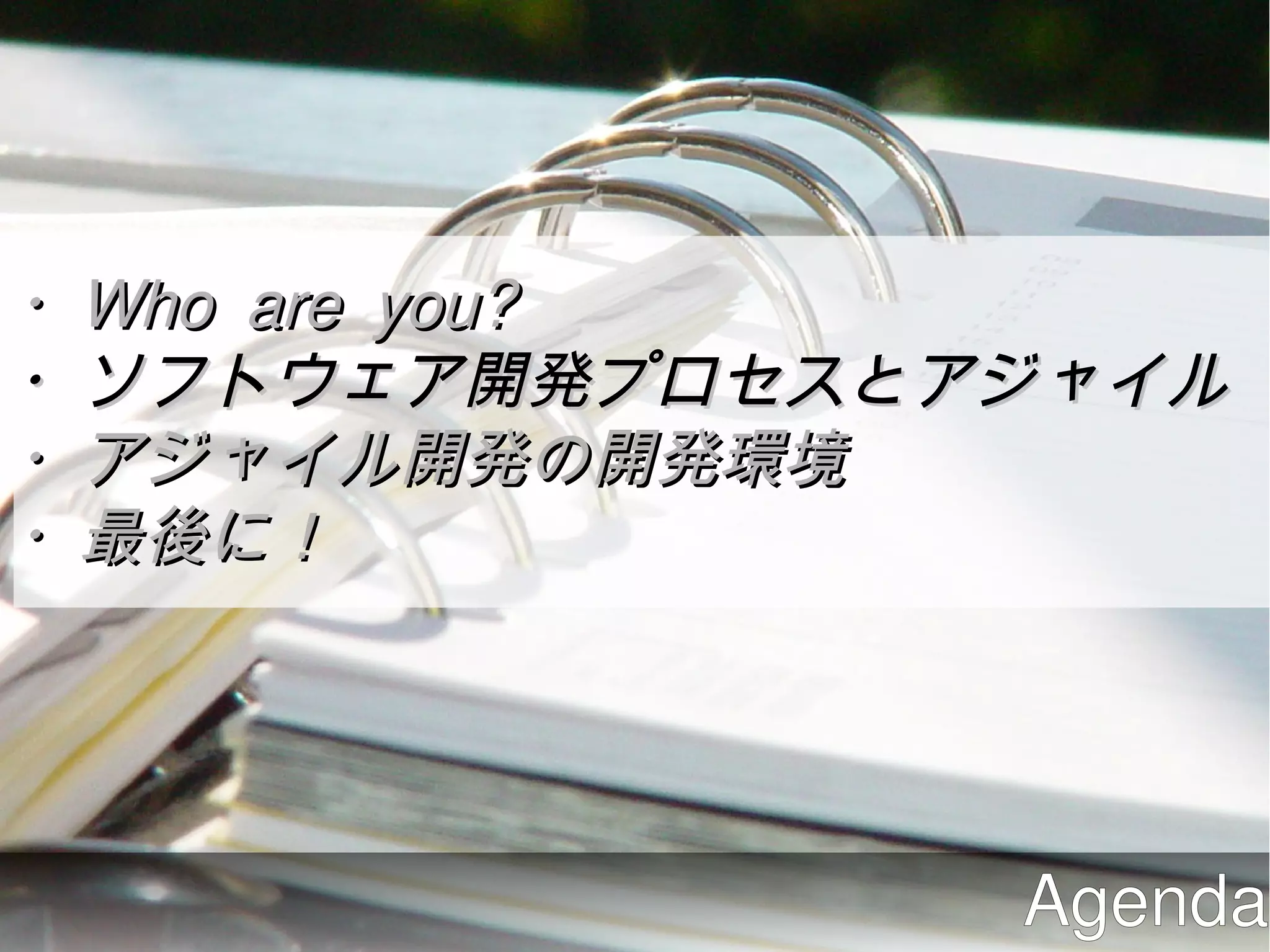 ・Who are you?
・ソフトウェア開発プロセスとアジャイル
・アジャイル開発の開発環境
・最後に！




               Agenda
 