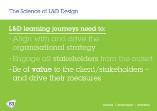 The Science of L&D Design
Learning | Development | Consulting
L&D learning journeys need to:
Align with and drive the
organisational strategy
Engage all stakeholders from the outset
Be of value to the client/stakeholders –
and drive their measures
•
•
•
 