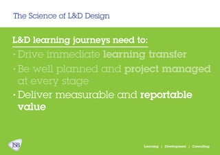 The Science of L&D Design
Learning | Development | Consulting
L&D learning journeys need to:
Drive immediate learning transfer
Be well planned and project managed
at every stage
Deliver measurable and reportable
value
•
•
•
 