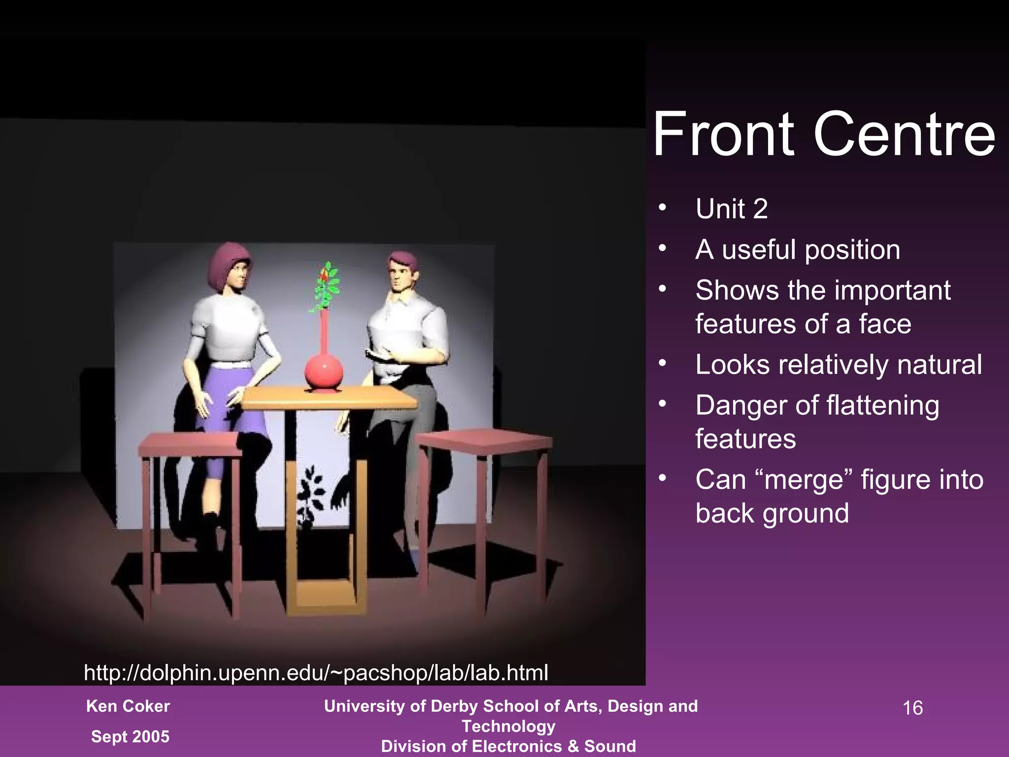 Unit 2 A useful position Shows the important features of a face Looks relatively natural Danger of flattening  features Can “merge” figure into back ground Front Centre http://dolphin.upenn.edu/~pacshop/lab/lab.html 