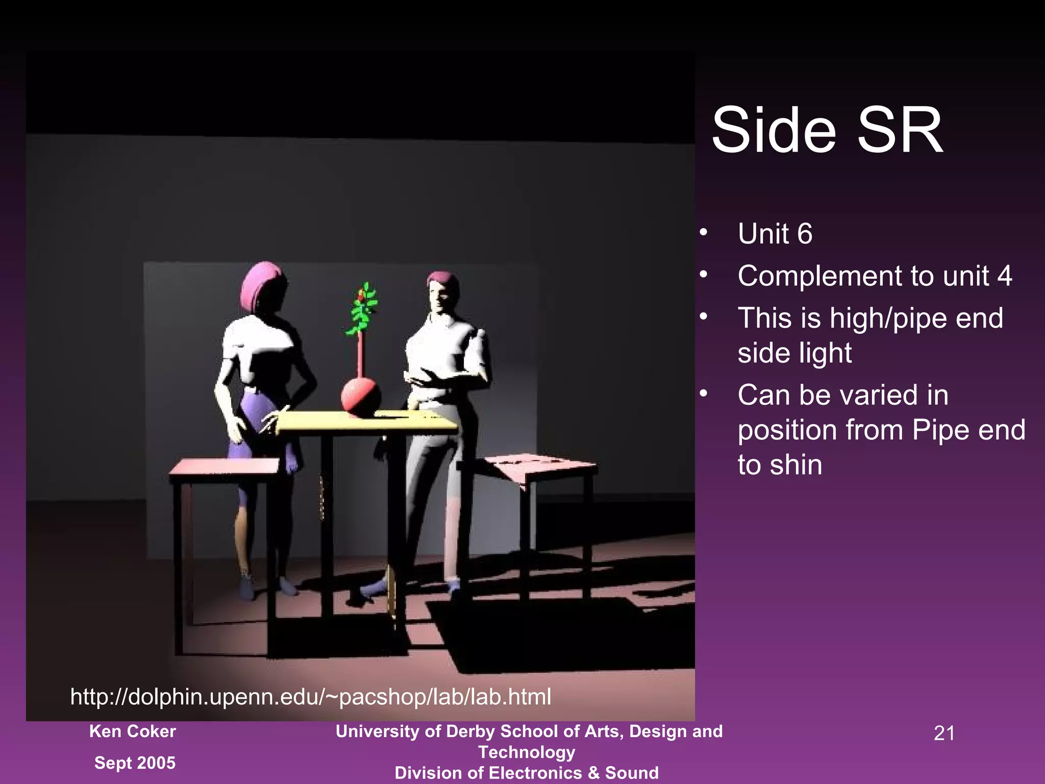Side SR Unit 6 Complement to unit 4 This is high/pipe end side light Can be varied in position from Pipe end to shin  http://dolphin.upenn.edu/~pacshop/lab/lab.html 