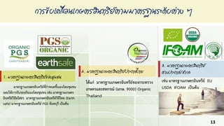 การขับเคลื่อนเกษตรอินทรีย์ตามมาตรฐานระดับต่าง ๆ
มาตรฐานเกษตรอินทรีย์ที่กาหนดขึ้นเองโดยชุมชน
และให้การรับรองกันเองโดยชุมชน เช่น มาตรฐานเกษตร
อินทรีย์วิถียโสธร มาตรฐานเกษตรอินทรีย์วิถีไทย (Earth
safe) มาตรฐานเกษตรอินทรีย์ PGS จันทบุรี เป็นต้น
1. มาตรฐานเกษตรอินทรีย์ของชุมชน
2. มาตรฐานเกษตรอินทรีย์ประเทศไทย
ได้แก่ มาตรฐานเกษตรอินทรีย์ของกระทรวง
เกษตรและสหกรณ์ (มกษ. 9000) Organic
Thailand
3. มาตรฐานเกษตรอินทรีย์
ต่างประเทศ/สากล
เช่น มาตรฐานเกษตรอินทรีย์ EU
USDA IFOAM เป็นต้น
13
 
