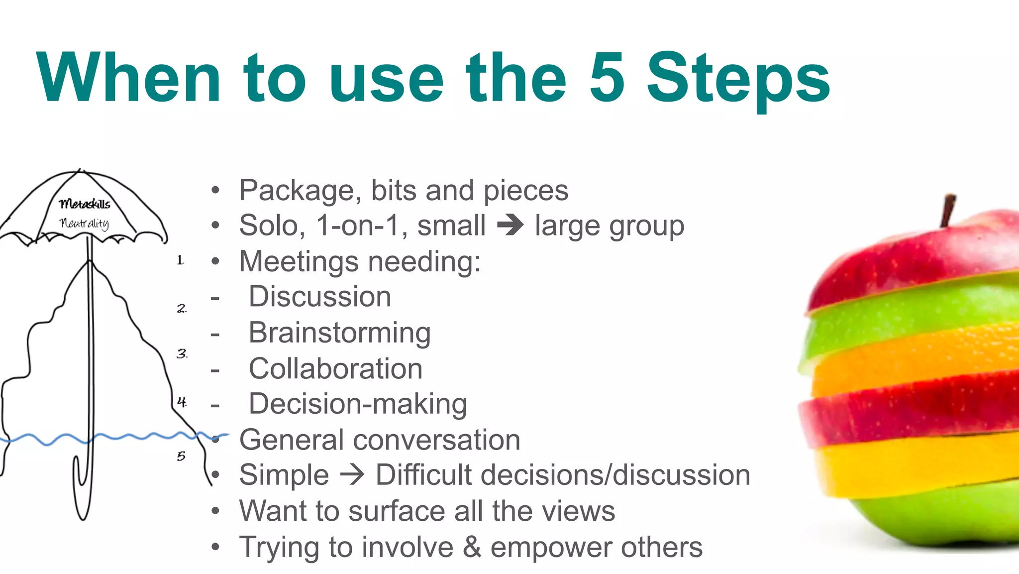 •  Package, bits and pieces
•  Solo, 1-on-1, small è large group
•  Meetings needing:
-  Discussion
-  Brainstorming
-  Collaboration
-  Decision-making
•  General conversation
•  Simple à Difficult decisions/discussion
•  Want to surface all the views
•  Trying to involve & empower others
		
	
r personal experiences – give your own views.
s
e&Video&or&PowerPoint,&or&add&to&Diagram&&
ve Steps to DD; the first four are above the water line.
When to use the 5 Steps
	
 