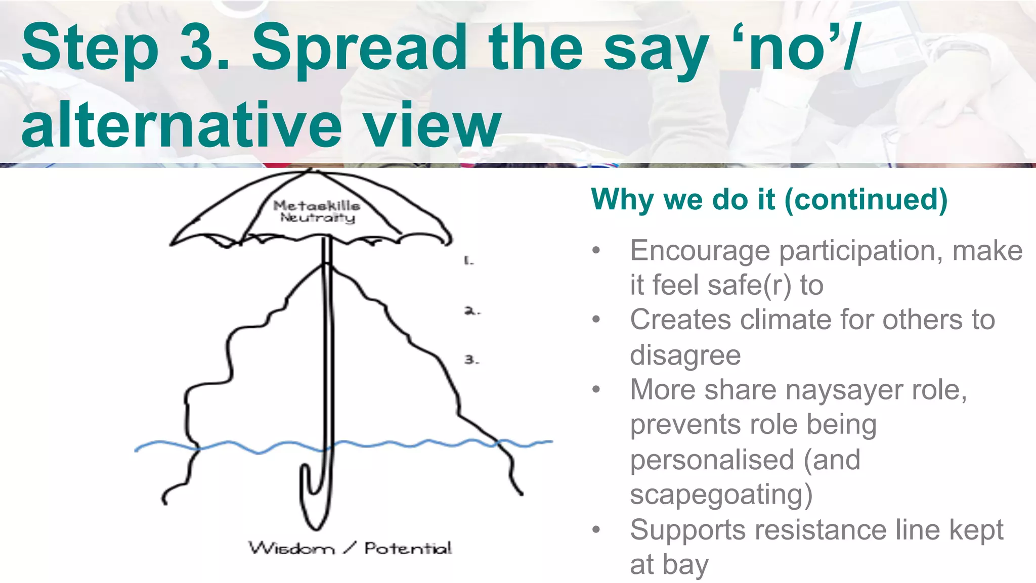 v	
	
	
	
	
	
	
	
	
		
		
		
	
Step 3. Spread the say ‘no’/
alternative view
	 Why we do it (continued)
•  Encourage participation, make
it feel safe(r) to
•  Creates climate for others to
disagree
•  More share naysayer role,
prevents role being
personalised (and
scapegoating)
•  Supports resistance line kept
at bay
 