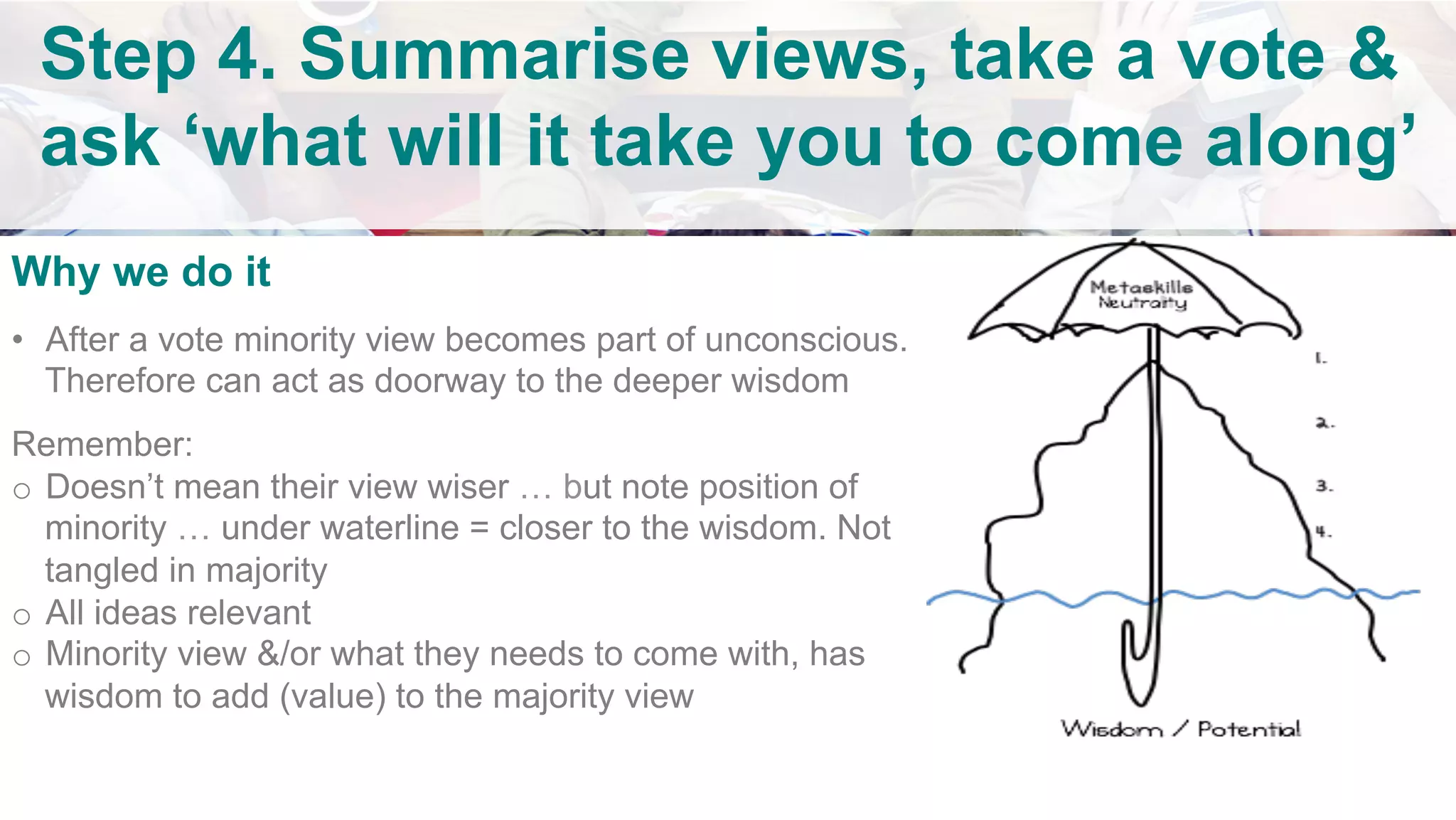 Why we do it
•  After a vote minority view becomes part of unconscious.
Therefore can act as doorway to the deeper wisdom
Remember:
o  Doesn’t mean their view wiser … but note position of
minority … under waterline = closer to the wisdom. Not
tangled in majority
o  All ideas relevant
o  Minority view &/or what they needs to come with, has
wisdom to add (value) to the majority view
	
		
		
	
Step 4. Summarise views, take a vote &
ask ‘what will it take you to come along’
		
	
 