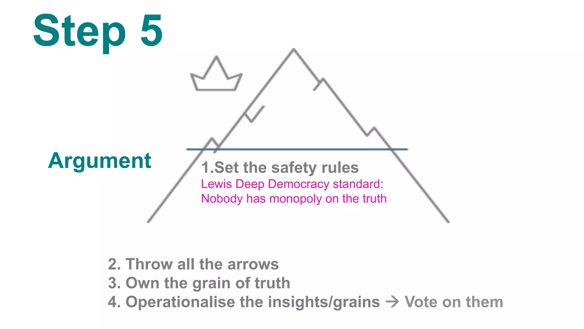 1. Set the safety rules
Lewis Deep Democracy standard:
Nobody has monopoly on the truth
Step 5
2. Throw all the arrows
3. Own the grain of truth
4. Operationalise the insights/grains à Vote on them
Argument
 