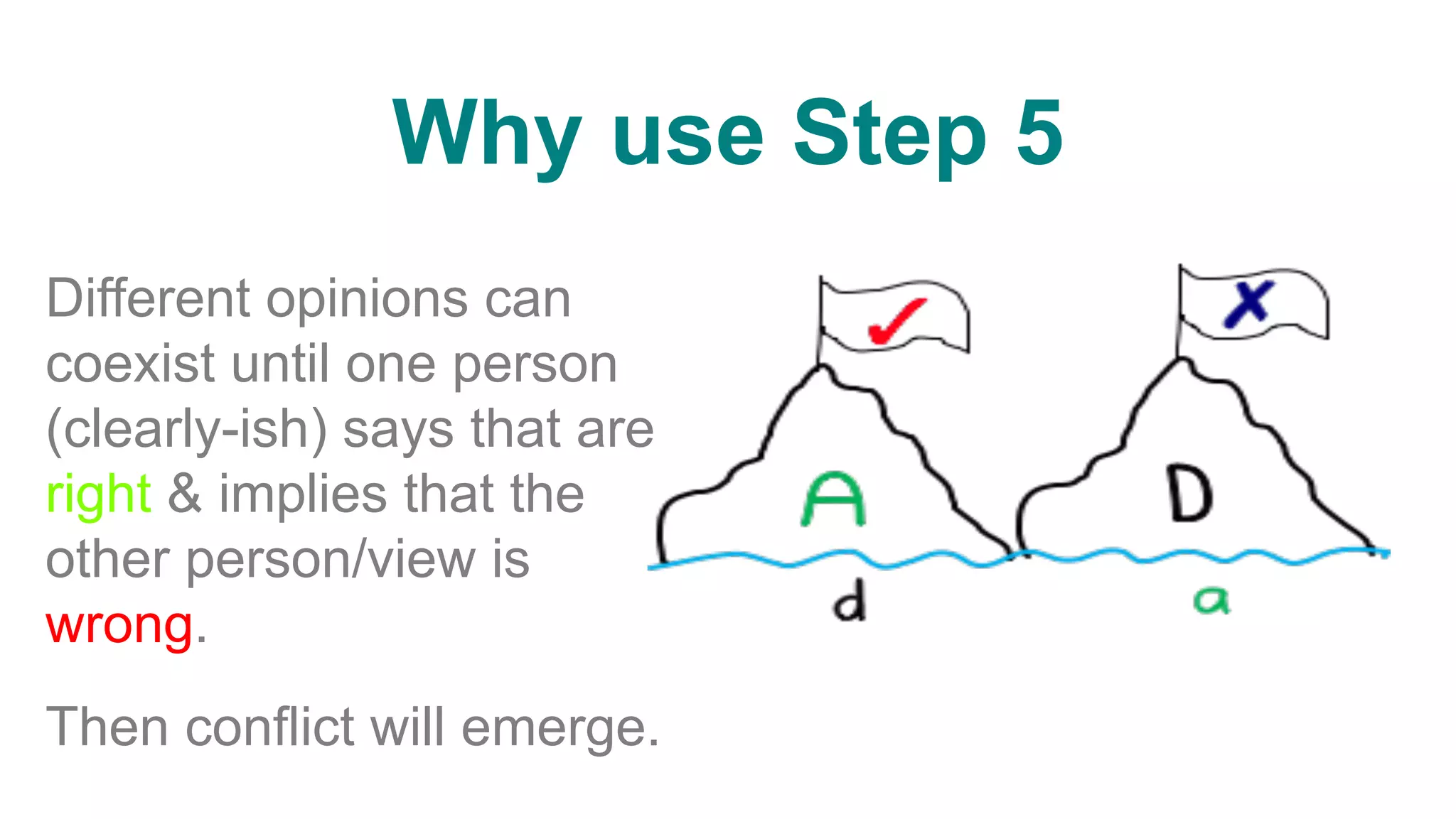 Why use Step 5
Different opinions can
coexist until one person
(clearly-ish) says that are
right & implies that the
other person/view is
wrong.
Then conflict will emerge.
 