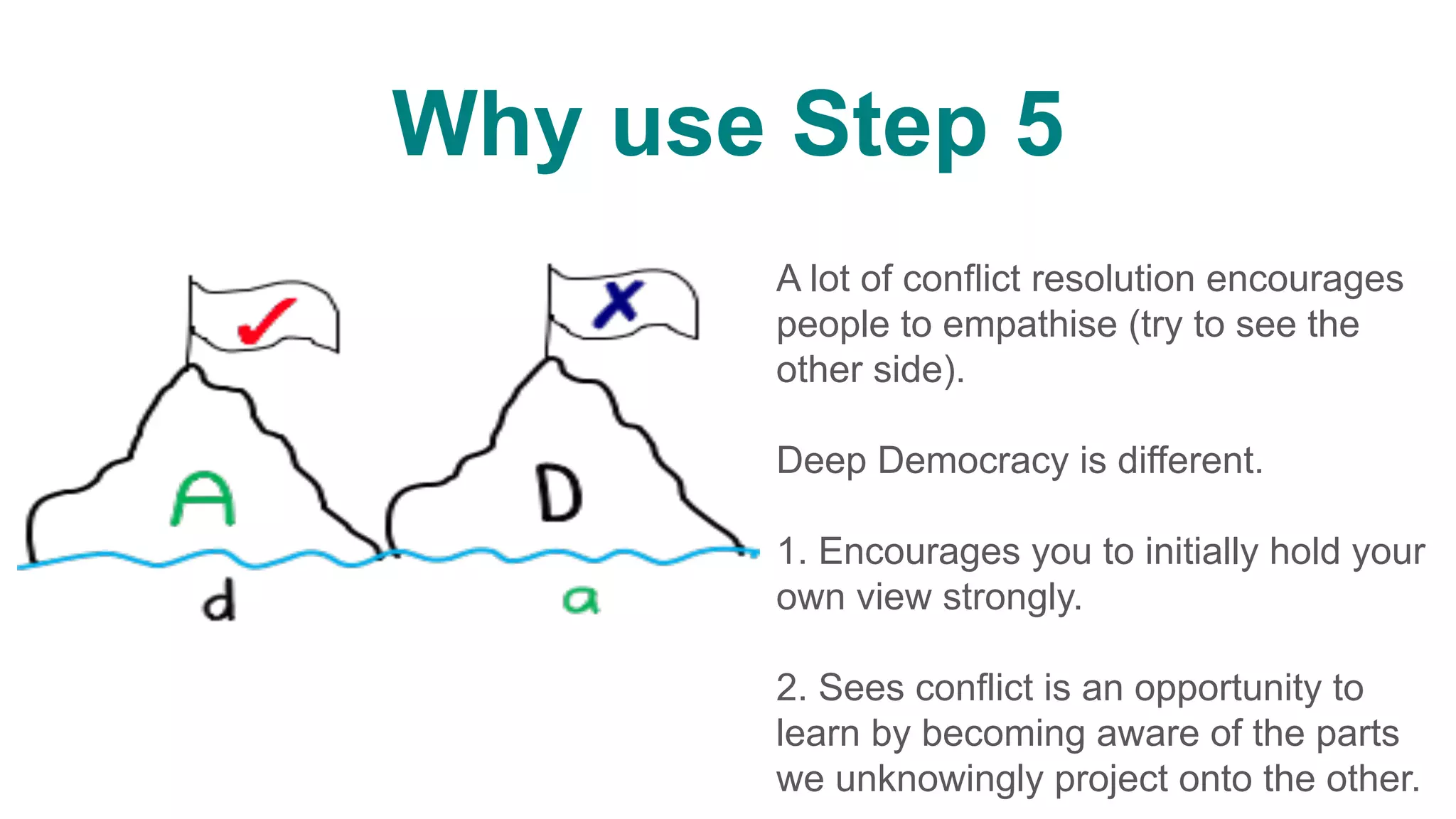 Why use Step 5
A lot of conflict resolution encourages
people to empathise (try to see the
other side).
Deep Democracy is different.
1. Encourages you to initially hold your
own view strongly.
2. Sees conflict is an opportunity to
learn by becoming aware of the parts
we unknowingly project onto the other.
 
