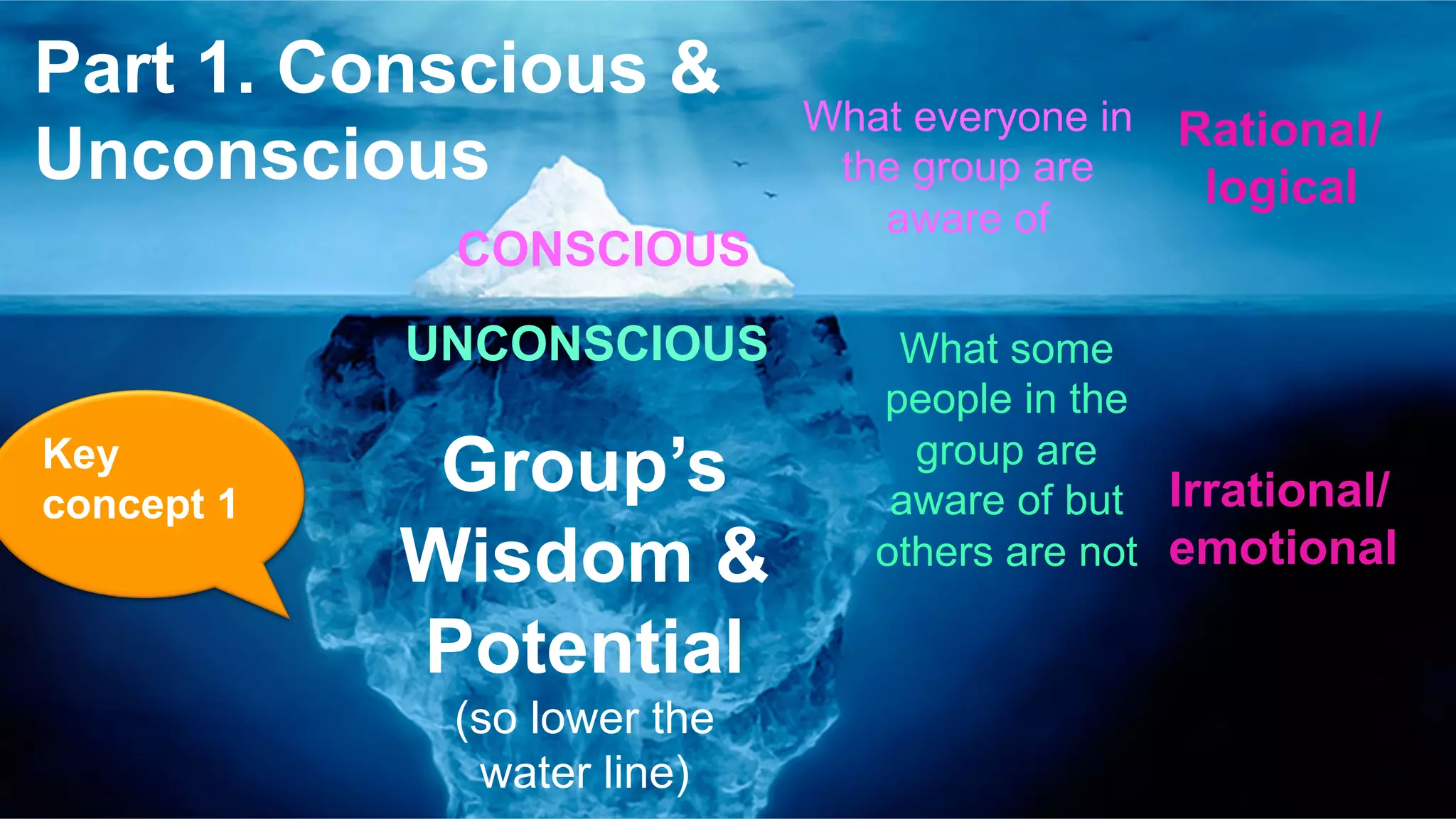 CONSCIOUS
UNCONSCIOUS What some
people in the
group are
aware of but
others are not
What everyone in
the group are
aware of
Group’s
Wisdom &
Potential
(so lower the
water line)
Irrational/
emotional
Rational/
logical
Key
concept 1
Part 1. Conscious &
Unconscious 	
 