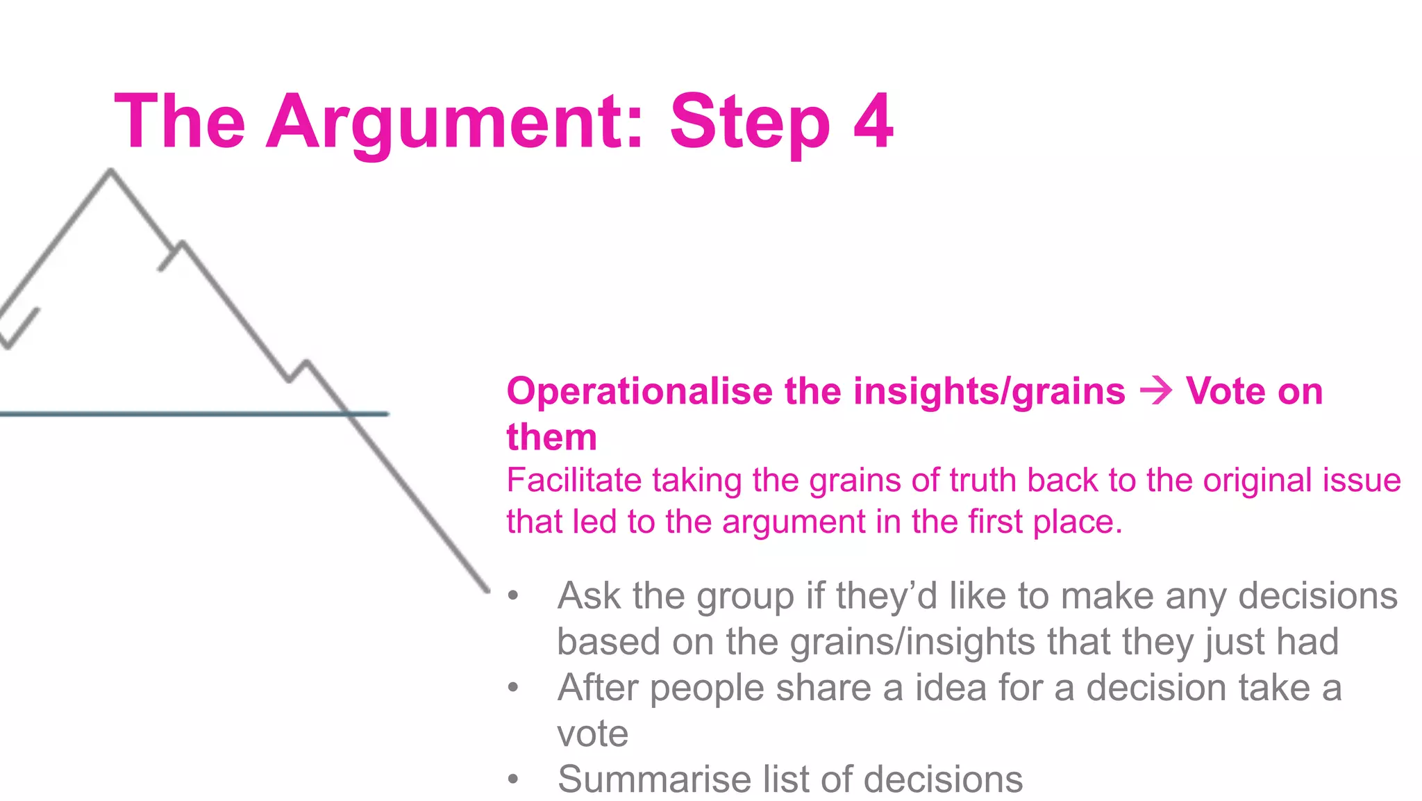 The Argument: Step 4
Operationalise the insights/grains à Vote on
them
Facilitate taking the grains of truth back to the original issue
that led to the argument in the first place.
•  Ask the group if they’d like to make any decisions
based on the grains/insights that they just had
•  After people share a idea for a decision take a
vote
•  Summarise list of decisions
 