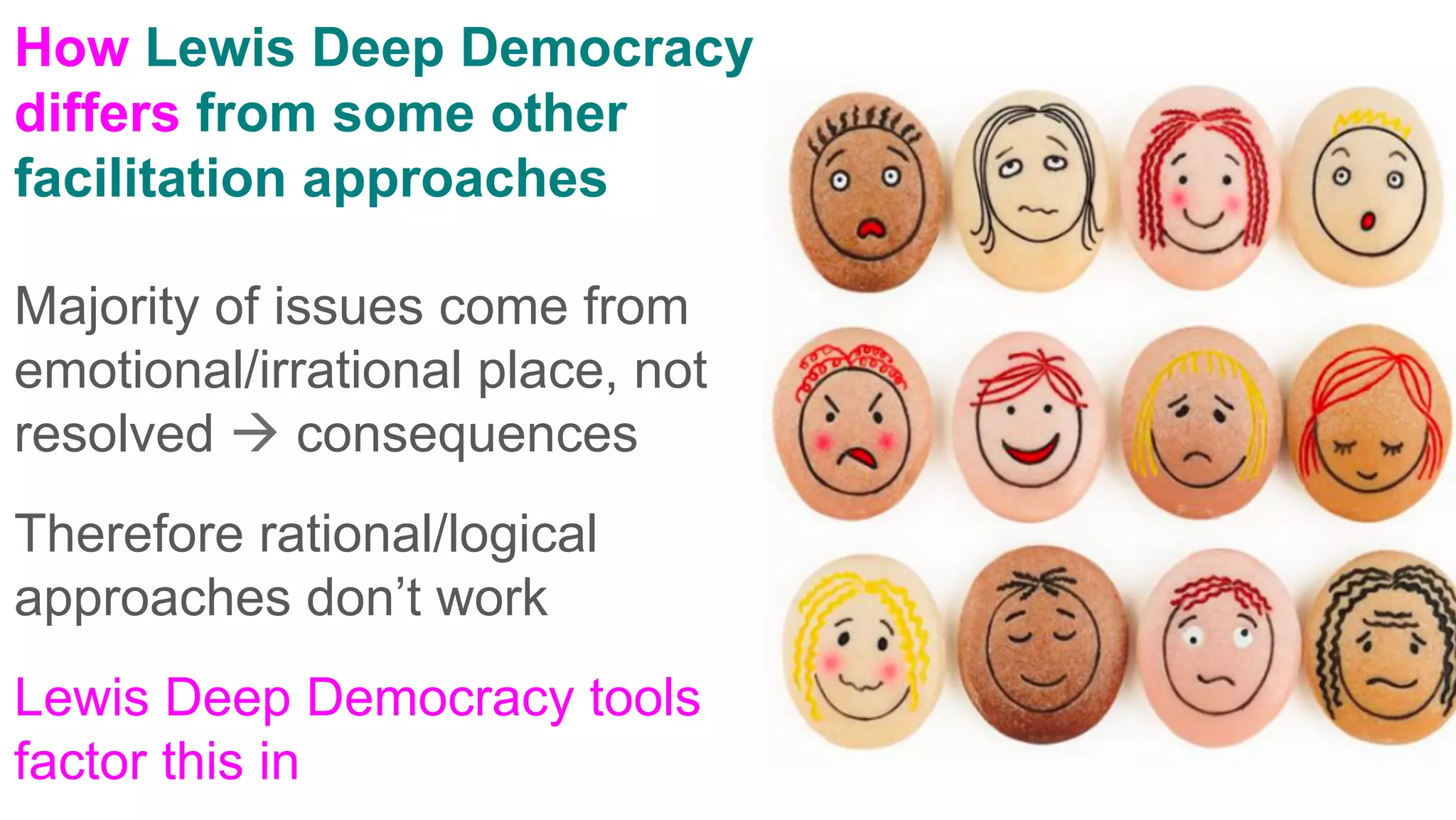 How Lewis Deep Democracy
differs from some other
facilitation approaches
Majority of issues come from
emotional/irrational place, not
resolved à consequences
Therefore rational/logical
approaches don’t work
Lewis Deep Democracy tools
factor this in
 