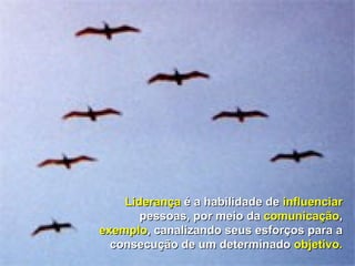 Liderança  é a habilidade de  influenciar  pessoas, por meio da  comunicação ,  exemplo , canalizando seus esforços para a consecução de um determinado  objetivo . 