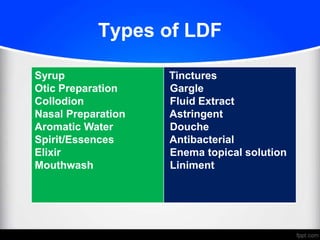 Types of LDF
Syrup
Otic Preparation
Collodion
Nasal Preparation
Aromatic Water
Spirit/Essences
Elixir
Mouthwash
Tinctures
Gargle
Fluid Extract
Astringent
Douche
Antibacterial
Enema topical solution
Liniment
 