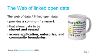 The Web of linked open data
The Web of data / linked open data
• provides a common framework
• that allows data to be
shar...