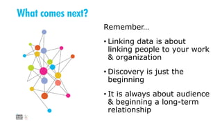 Remember…
• Linking data is about
linking people to your work
& organization
• Discovery is just the
beginning
• It is alw...