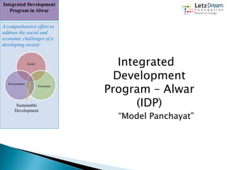 Integrated Development
Program in Alwar
A comprehensive effort to
address the social and
economic challenges of a
developing society

Social

Environment

Economic

Sustainable
Development

Integrated
Development
Program – Alwar
(IDP)
“Model Panchayat”

 