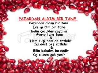 PAZARDAN ALDIM BĠR TANE
    Pazardan aldım bir tane
      Eve geldim bin tane
     Gelin çocuklar sayalım
        Ayırıp tane tane
                 &
    Hem ekĢi hem de tatlıdır
       Ġçi dört beĢ katlıdır
                  &
      Bilin bakalım bu nedir
      KıĢ olunca çok yenir
 