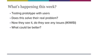 • Testing prototype with users
• Does this solve their real problem?
• Now they see it, do they see any issues (IKIWISI)
• What could be better?
What’s happening this week?
 