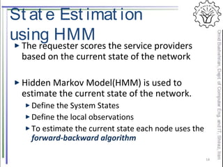 The requester scores the service providers
based on the current state of the network
Hidden Markov Model(HMM) is used to
estimate the current state of the network.
Define the System States
Define the local observations
To estimate the current state each node uses the
forward-backward algorithm
14
St at e Est imat ion
using HMM
 