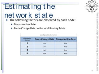 Est imat ing t he
net work st at eThe following factors are observed by each node:
Disconnection Rate
Route Change Rate in the local Routing Table
16
 