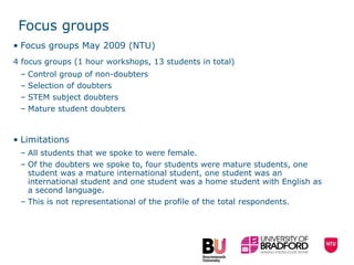 Focus groups Focus groups May 2009 (NTU) 4 focus groups (1 hour workshops, 13 students in total) Control group of non-doubters Selection of doubters STEM subject doubters Mature student doubters Limitations All students that we spoke to were female. Of the doubters we spoke to, four students were mature students, one student was a mature international student, one student was an international student and one student was a home student with English as a second language.  This is not representational of the profile of the total respondents.  
