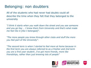 Belonging: non doubters All of the students who had never had doubts could all describe the time when they felt that they belonged to the university “ I think it starts when you walk down the street and you see someone and you go hey … I know them from University and that’s what made me feel like it [like I belonged]”. “ The more people you know through other clubs and stuff the more you feel part of the University”.  “ The second term is when I started to feel more at home because in the first term you are always referred to as a fresher and 2nd term you are a first year student…I’ve got more friends, more like friendships, rather than just knowing lots of people” 