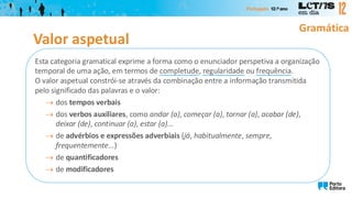 Esta categoria gramatical exprime a forma como o enunciador perspetiva a organização
temporal de uma ação, em termos de completude, regularidade ou frequência.
O valor aspetual constrói-se através da combinação entre a informação transmitida
pelo significado das palavras e o valor:
→ dos tempos verbais
→ dos verbos auxiliares, como andar (a), começar (a), tornar (a), acabar (de),
deixar (de), continuar (a), estar (a)...
→ de advérbios e expressões adverbiais (já, habitualmente, sempre,
frequentemente...)
→ de quantificadores
→ de modificadores
Gramática
Valor aspetual
 