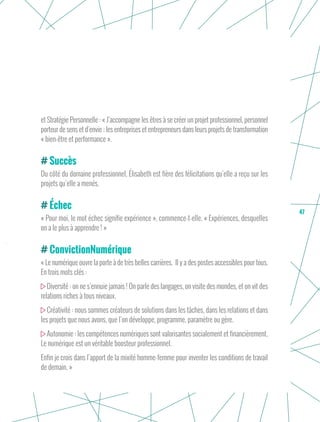 47
et Stratégie Personnelle : « J’accompagne les êtres à se créer un projet professionnel, personnel
porteur de sens et d’envie ; les entreprises et entrepreneurs dans leurs projets de transformation
« bien-être et performance ».
Succès
Du côté du domaine professionnel, Élisabeth est fière des félicitations qu’elle a reçu sur les
projets qu’elle a menés.
Échec
« Pour moi, le mot échec signifie expérience », commence-t-elle. « Expériences, desquelles
on a le plus à apprendre ! »
ConvictionNumérique
« Le numérique ouvre la porte à de très belles carrières. Il y a des postes accessibles pour tous.
En trois mots clés :
Diversité : on ne s’ennuie jamais ! On parle des langages, on visite des mondes, et on vit des
relations riches à tous niveaux.
Créativité : nous sommes créateurs de solutions dans les tâches, dans les relations et dans
les projets que nous avons, que l’on développe, programme, paramètre ou gère.
Autonomie : les compétences numériques sont valorisantes socialement et financièrement.
Le numérique est un véritable boosteur professionnel.
Enfin je crois dans l’apport de la mixité homme-femme pour inventer les conditions de travail
de demain. »
 