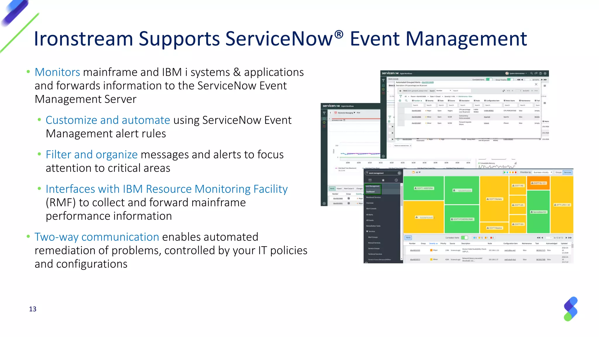 13
• Monitors mainframe and IBM i systems & applications
and forwards information to the ServiceNow Event
Management Server
• Customize and automate using ServiceNow Event
Management alert rules
• Filter and organize messages and alerts to focus
attention to critical areas
• Interfaces with IBM Resource Monitoring Facility
(RMF) to collect and forward mainframe
performance information
• Two-way communication enables automated
remediation of problems, controlled by your IT policies
and configurations
Ironstream Supports ServiceNow® Event Management
MAINFRAME 1
MAINFRAME 2
 
