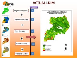 ACTUAL LDIM
                     WEIGHTS

Vegetation Index     40




Rainfall Erosivity   20




Pop. Density         10




  Soil Erodibility    30




 Slope-LS Factor     50
 