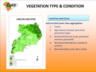 VEGETATION TYPE & CONDITION

           Land Use Land Cover
        Land use land cover class aggregation:
            1. Forest
            2. Agriculture:[ shrubs, bush land,
                  perennial crops]
            3. Grassland:[Annual crops, grassland
                  savanna, grassland]
            4. Woodland:[Woodland, woodland
                  savanna
            5. Bare Soils:[Bare soils, Bare rocks]
 