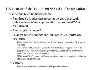 1.2. Le marché de l’édition en SHS : données de cadrage
• Une demande en bouleversement
   – Paradoxe de la crise du secteur et de la croissance du
     public universitaire (augmentation du nombre d’EC et
     d’étudiants)
   – Photocopie: l’ennemi?
   – La demande institutionnelle (bibliothèques, centres de
     recherche)
       • 45 M€ (universités centre de recherche) dont 43% pour la formation; 57 % pour la
         recherche
       • La demande institutionnelle représente 75% du CA des ouvrages de recherche
       • Budget des BU : 40% ouvrages; 38% périodiques; 22% ressources électroniques
         (dont 60% pour des revues étrangères)
       • 610€/capita (C&EC) contre 1140€ pour les sciences exactes et médecine : faible en
         comparaison avec l’étranger

   – L’export
       • 25% du CA des livres (contre 40 à 46% pour les revues)                              15
 