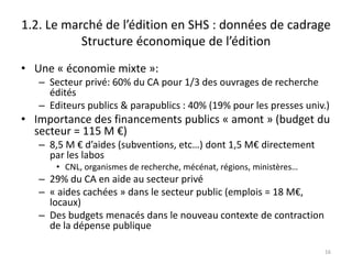 1.2. Le marché de l’édition en SHS : données de cadrage
           Structure économique de l’édition
• Une « économie mixte »:
   – Secteur privé: 60% du CA pour 1/3 des ouvrages de recherche
     édités
   – Editeurs publics & parapublics : 40% (19% pour les presses univ.)
• Importance des financements publics « amont » (budget du
  secteur = 115 M €)
   – 8,5 M € d’aides (subventions, etc…) dont 1,5 M€ directement
     par les labos
       • CNL, organismes de recherche, mécénat, régions, ministères…
   – 29% du CA en aide au secteur privé
   – « aides cachées » dans le secteur public (emplois = 18 M€,
     locaux)
   – Des budgets menacés dans le nouveau contexte de contraction
     de la dépense publique

                                                                       16
 