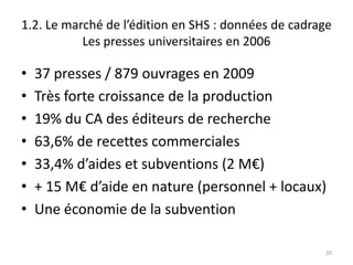1.2. Le marché de l’édition en SHS : données de cadrage
           Les presses universitaires en 2006

•   37 presses / 879 ouvrages en 2009
•   Très forte croissance de la production
•   19% du CA des éditeurs de recherche
•   63,6% de recettes commerciales
•   33,4% d’aides et subventions (2 M€)
•   + 15 M€ d’aide en nature (personnel + locaux)
•   Une économie de la subvention

                                                     20
 
