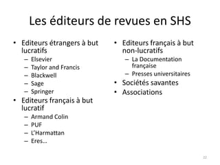 Les éditeurs de revues en SHS
• Editeurs étrangers à but   • Editeurs français à but
  lucratifs                    non-lucratifs
   –   Elsevier                 – La Documentation
   –   Taylor and Francis         française
   –   Blackwell                – Presses universitaires
   –   Sage                  • Sociétés savantes
   –   Springer              • Associations
• Editeurs français à but
  lucratif
   –   Armand Colin
   –   PUF
   –   L’Harmattan
   –   Eres…

                                                           22
 