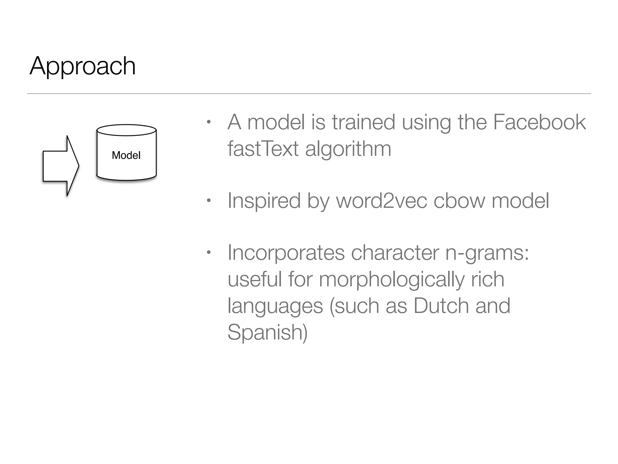 Approach
• A model is trained using the Facebook
fastText algorithm
• Inspired by word2vec cbow model
• Incorporates character n-grams:
useful for morphologically rich
languages (such as Dutch and
Spanish)
Model
 