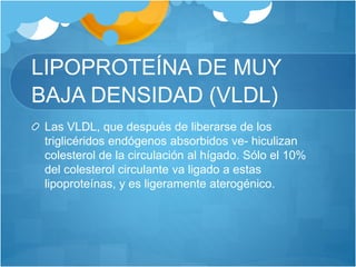 LIPOPROTEÍNA DE MUY
BAJA DENSIDAD (VLDL)
Las VLDL, que después de liberarse de los
triglicéridos endógenos absorbidos ve- hiculizan
colesterol de la circulación al hígado. Sólo el 10%
del colesterol circulante va ligado a estas
lipoproteínas, y es ligeramente aterogénico.
 