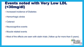 Events noted with Very Low LDL
(<30mg/dl)
 Increased incidence of Diabetes
 Hemorrhagic stroke
 Cataract
 Neurocognitive events
 Muscle related events
 Most of the effects are seen with statin trials ( follow up for more than 5 years).
 