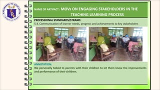 NAME OF ARTIFACT : MOVs ON ENGAGING STAKEHOLDERS IN THE
TEACHING LEARNING PROCESS
PROFESSIONAL STANDARDS/STRAND:
5.4. Communication of learner needs, progress and achievements to key stakeholders
ANNOTATION:
We personally talked to parents with their children to let them know the improvements
and performance of their children.
 