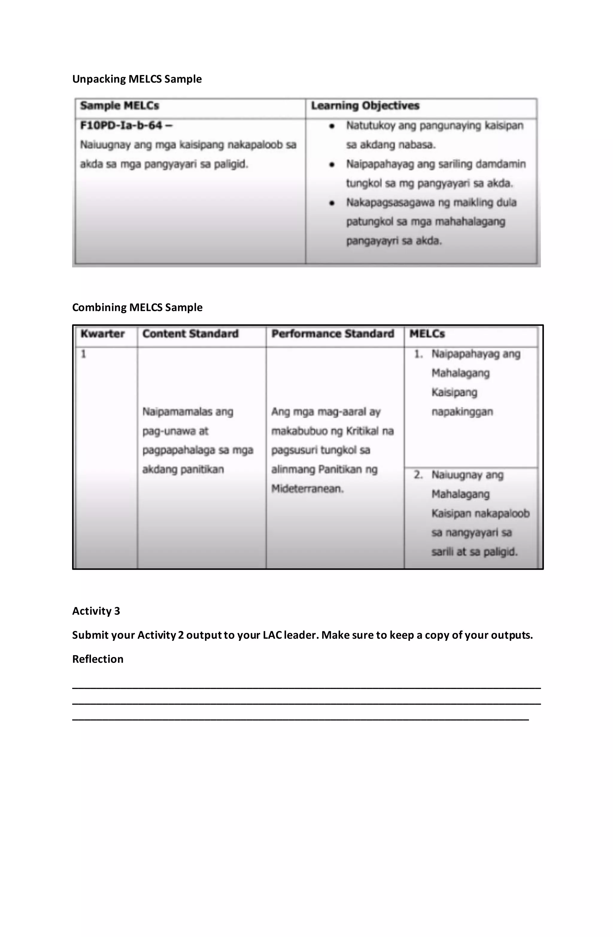 Unpacking MELCS Sample
Combining MELCS Sample
Activity 3
Submit your Activity 2 output to your LAC leader. Make sure to keep a copy of your outputs.
Reflection
______________________________________________________________________________
______________________________________________________________________________
____________________________________________________________________________
 