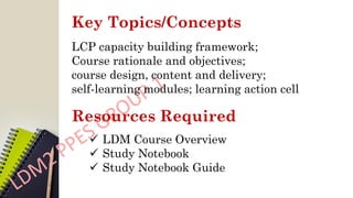 Key Topics/Concepts
LCP capacity building framework;
Course rationale and objectives;
course design, content and delivery;
self-learning modules; learning action cell
Resources Required
✓ LDM Course Overview
✓ Study Notebook
✓ Study Notebook Guide
 
