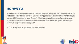 ACTIVITY 3
Answer the following questions by constructing and filling out the table in your Study
Notebook. How do you envision your teaching practice in the next few months as you
use the LDM adopted by your School? What is your goal in terms of your teaching
practices in the modalities? What motivates you to achieve this goal? What do you
think will help you attain this goal?
Add as many rows as you need for your answers.
 