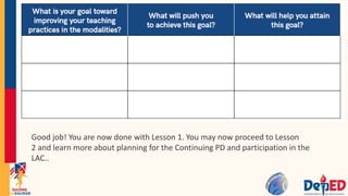 Good job! You are now done with Lesson 1. You may now proceed to Lesson
2 and learn more about planning for the Continuing PD and participation in the
LAC..
 