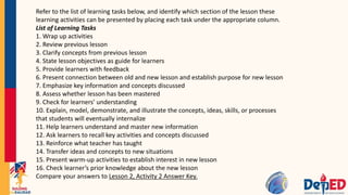 Refer to the list of learning tasks below, and identify which section of the lesson these
learning activities can be presented by placing each task under the appropriate column.
List of Learning Tasks
1. Wrap up activities
2. Review previous lesson
3. Clarify concepts from previous lesson
4. State lesson objectives as guide for learners
5. Provide learners with feedback
6. Present connection between old and new lesson and establish purpose for new lesson
7. Emphasize key information and concepts discussed
8. Assess whether lesson has been mastered
9. Check for learners’ understanding
10. Explain, model, demonstrate, and illustrate the concepts, ideas, skills, or processes
that students will eventually internalize
11. Help learners understand and master new information
12. Ask learners to recall key activities and concepts discussed
13. Reinforce what teacher has taught
14. Transfer ideas and concepts to new situations
15. Present warm-up activities to establish interest in new lesson
16. Check learner’s prior knowledge about the new lesson
Compare your answers to Lesson 2, Activity 2 Answer Key.
 