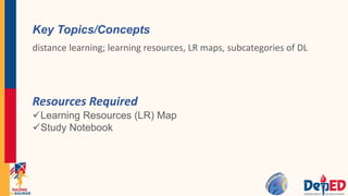 Key Topics/Concepts
distance learning; learning resources, LR maps, subcategories of DL
Resources Required
Learning Resources (LR) Map
Study Notebook
 