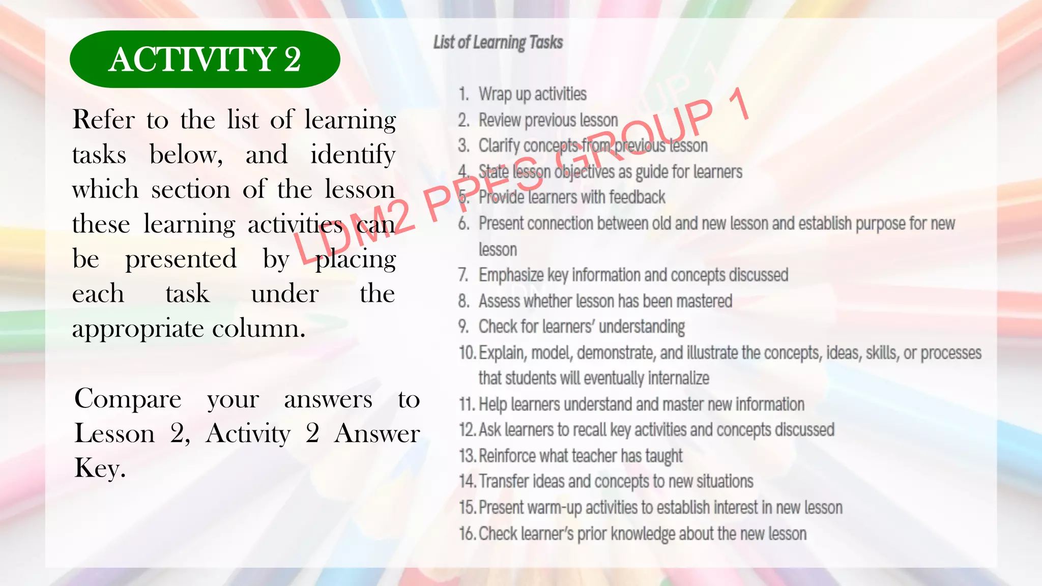 LDN
Refer to the list of learning
tasks below, and identify
which section of the lesson
these learning activities can
be presented by placing
each task under the
appropriate column.
ACTIVITY 2
Compare your answers to
Lesson 2, Activity 2 Answer
Key.
 